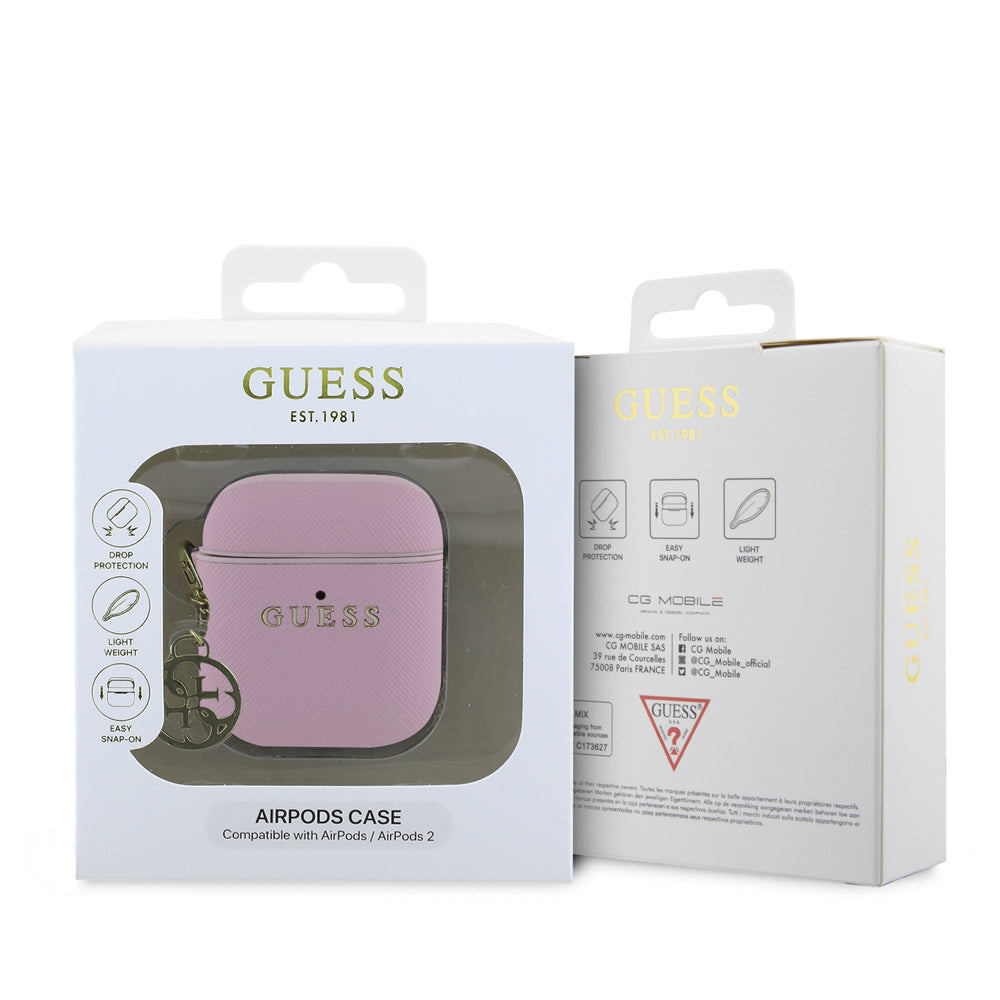 Apple Airpods Kılıf Guess Orjinal Lisanslı Dokulu 4G Yuvarlak Süs Zincirli Saffiano Kılıf Pembe