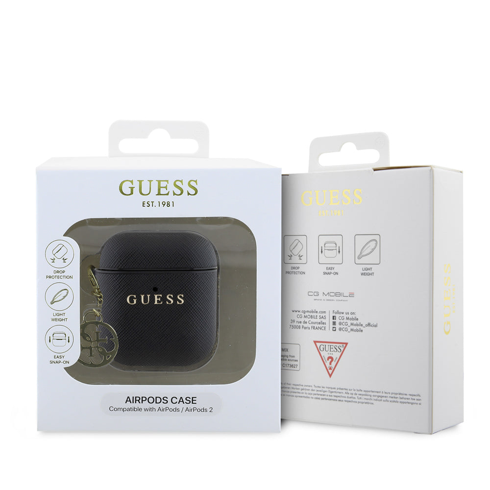 Apple Airpods Kılıf Guess Orjinal Lisanslı Dokulu 4G Yuvarlak Süs Zincirli Saffiano Kılıf Siyah