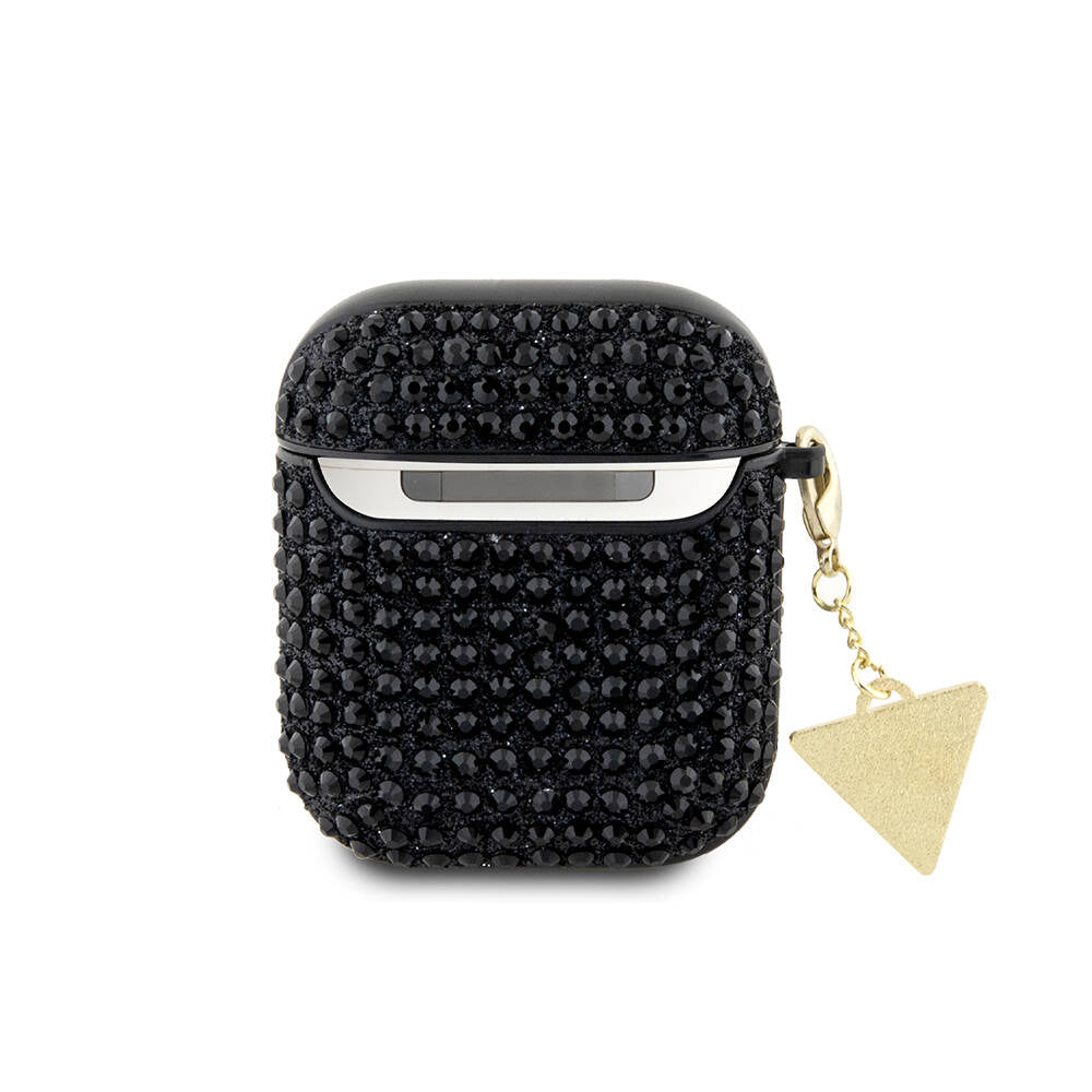 Apple Airpods Kılıf Guess Orjinal Lisanslı Parıltılı Taş Kaplamalı Üçgen Logo Süs Zincirli Kapak Gold