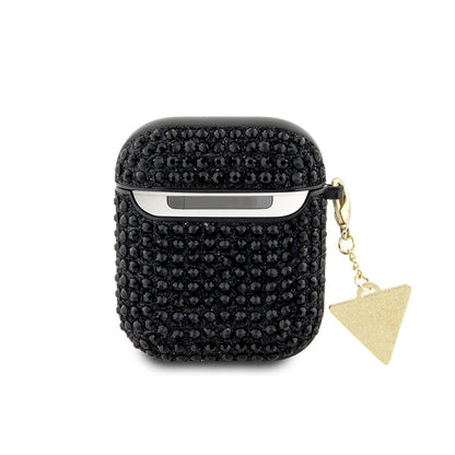 Apple Airpods Kılıf Guess Orjinal Lisanslı Parıltılı Taş Kaplamalı Üçgen Logo Süs Zincirli Kapak Mor