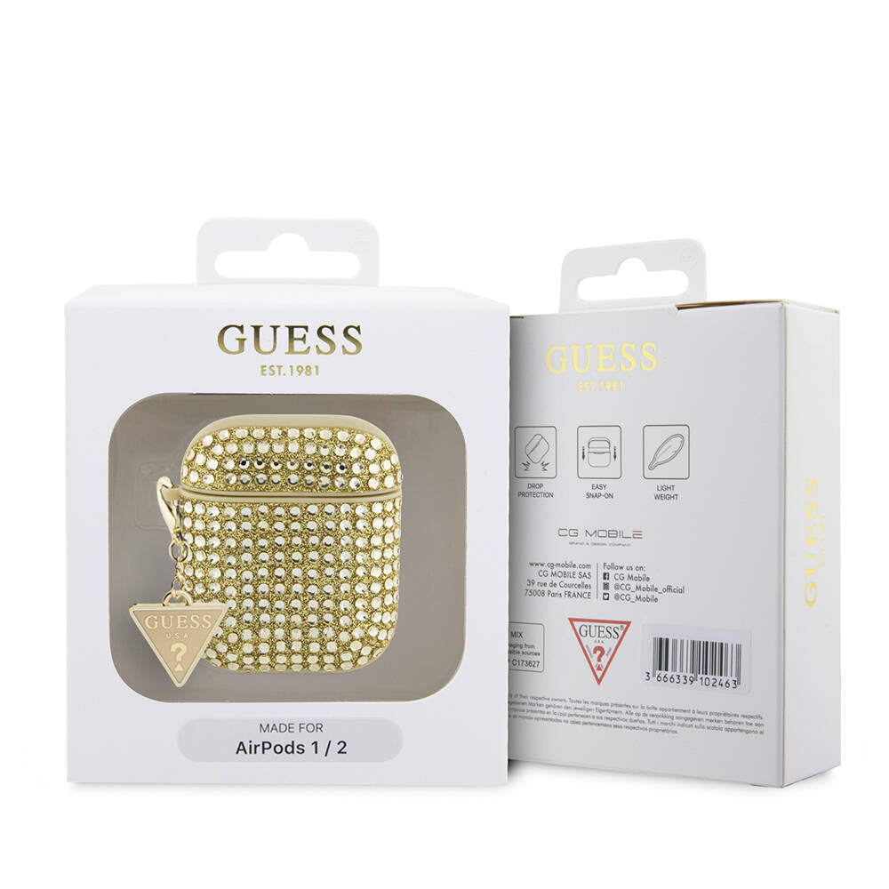 Apple Airpods Kılıf Guess Orjinal Lisanslı Parıltılı Taş Kaplamalı Üçgen Logo Süs Zincirli Kapak Gold