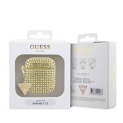 Apple Airpods Kılıf Guess Orjinal Lisanslı Parıltılı Taş Kaplamalı Üçgen Logo Süs Zincirli Kapak Gold