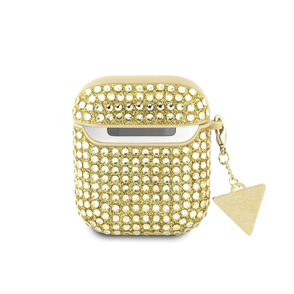 Apple Airpods Kılıf Guess Orjinal Lisanslı Parıltılı Taş Kaplamalı Üçgen Logo Süs Zincirli Kapak Siyah