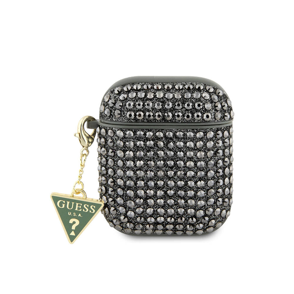 Apple Airpods Kılıf Guess Orjinal Lisanslı Parıltılı Taş Kaplamalı Üçgen Logo Süs Zincirli Kapak Haki