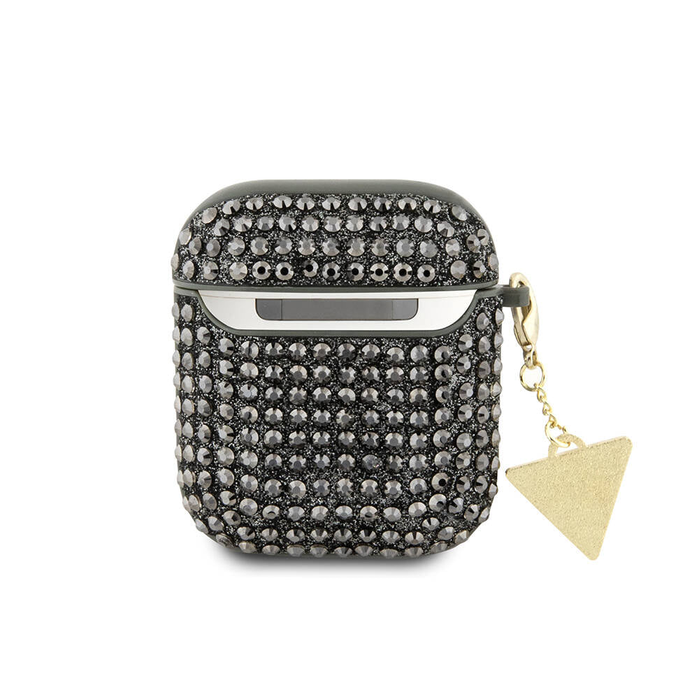 Apple Airpods Kılıf Guess Orjinal Lisanslı Parıltılı Taş Kaplamalı Üçgen Logo Süs Zincirli Kapak Siyah