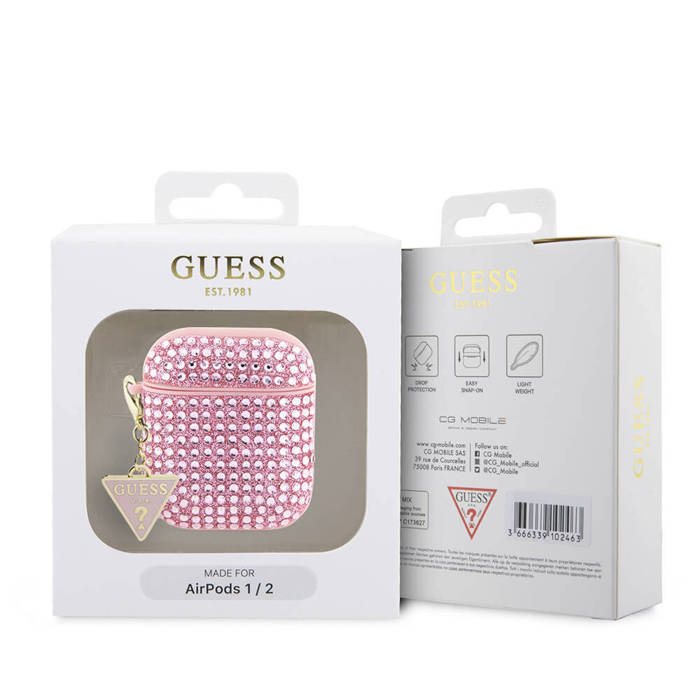 Apple Airpods Kılıf Guess Orjinal Lisanslı Parıltılı Taş Kaplamalı Üçgen Logo Süs Zincirli Kapak Gold