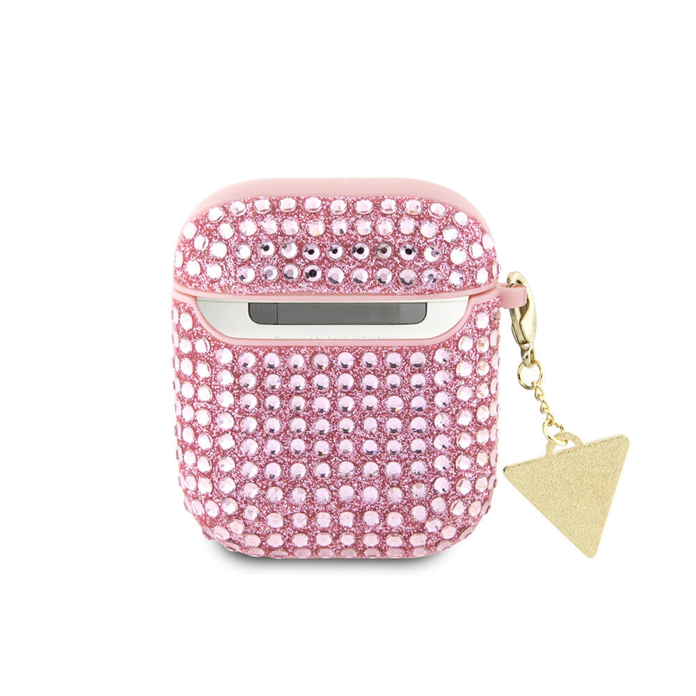 Apple Airpods Kılıf Guess Orjinal Lisanslı Parıltılı Taş Kaplamalı Üçgen Logo Süs Zincirli Kapak Pembe
