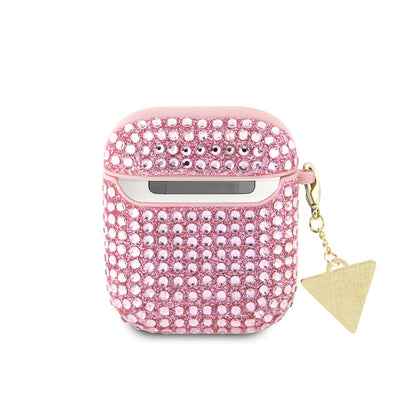 Apple Airpods Kılıf Guess Orjinal Lisanslı Parıltılı Taş Kaplamalı Üçgen Logo Süs Zincirli Kapak Mor