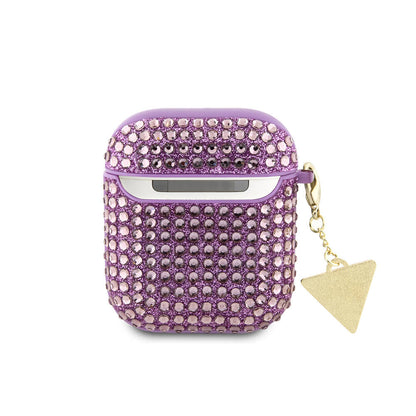 Apple Airpods Kılıf Guess Orjinal Lisanslı Parıltılı Taş Kaplamalı Üçgen Logo Süs Zincirli Kapak Siyah