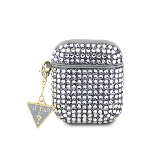 Apple Airpods Kılıf Guess Orjinal Lisanslı Parıltılı Taş Kaplamalı Üçgen Logo Süs Zincirli Kapak Gümüş