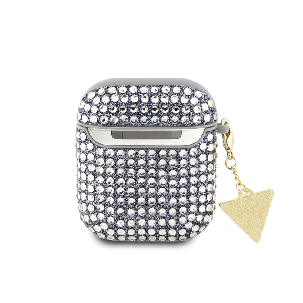 Apple Airpods Kılıf Guess Orjinal Lisanslı Parıltılı Taş Kaplamalı Üçgen Logo Süs Zincirli Kapak Pembe