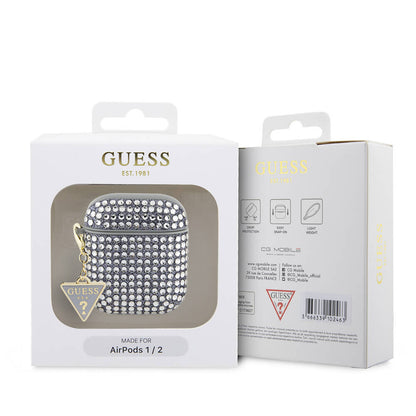 Apple Airpods Kılıf Guess Orjinal Lisanslı Parıltılı Taş Kaplamalı Üçgen Logo Süs Zincirli Kapak Gold