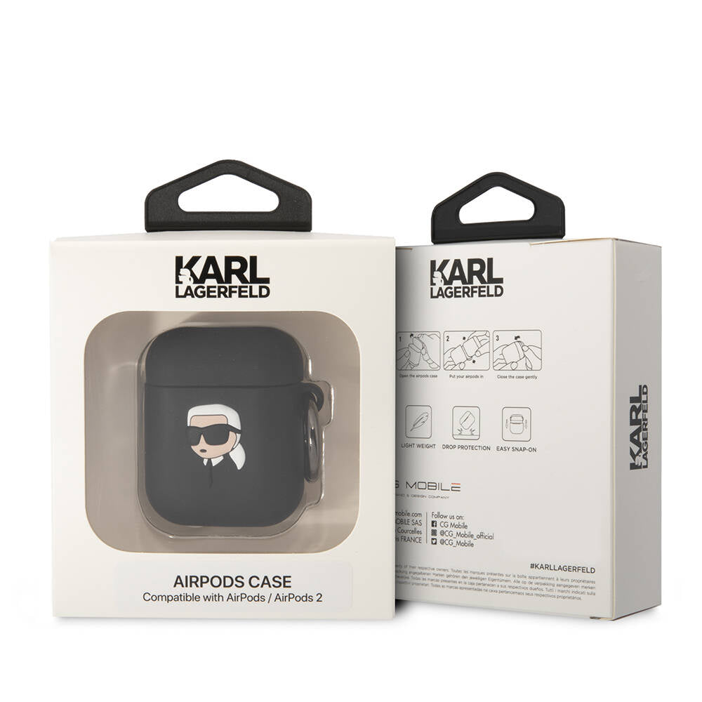 Apple Airpods Kılıf Karl Lagerfeld Orjinal Lisanslı Karl 3D Silikon Kapak Siyah