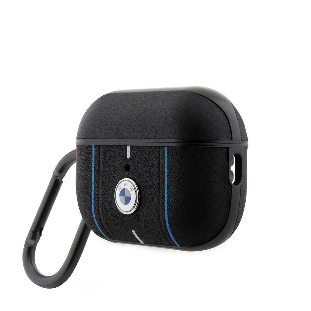 Apple Airpods Pro 2 Kılıf BMW Orjinal Lisanslı PU Deri Mavi Beyaz Çizgili Metal Logolu Kapak Siyah