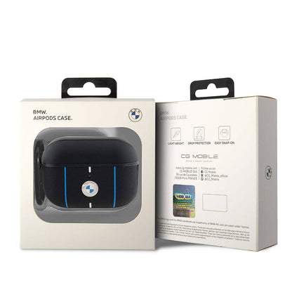 Apple Airpods Pro 2 Kılıf BMW Orjinal Lisanslı PU Deri Mavi Beyaz Çizgili Metal Logolu Kapak Siyah