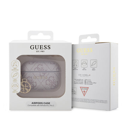 Apple Airpods Pro 2 Kılıf Guess Orjinal Lisanslı 4G Desenli Metal Klasik Logolu 4G Charm PU Deri Kılıf Mavi