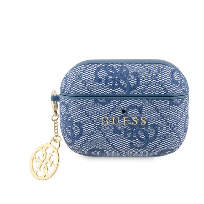 Apple Airpods Pro 2 Kılıf Guess Orjinal Lisanslı 4G Desenli Metal Klasik Logolu 4G Charm PU Deri Kılıf Mavi