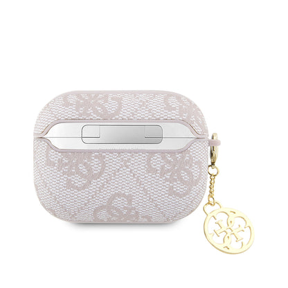 Apple Airpods Pro 2 Kılıf Guess Orjinal Lisanslı 4G Desenli Metal Script Logolu 4G Charm PU Deri Kapak Pembe