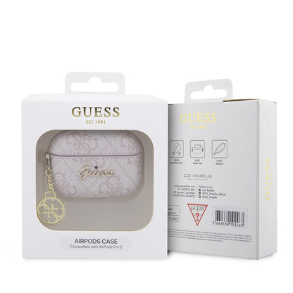 Apple Airpods Pro 2 Kılıf Guess Orjinal Lisanslı 4G Desenli Metal Script Logolu 4G Charm PU Deri Kapak Kahverengi