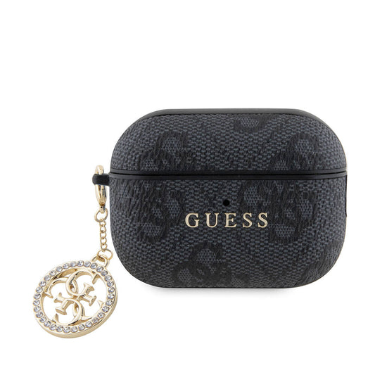 Apple Airpods Pro 2 Kılıf Guess Orjinal Lisanslı 4G Desenli Taşlı 4G Süs Zincirli Kapak Siyah