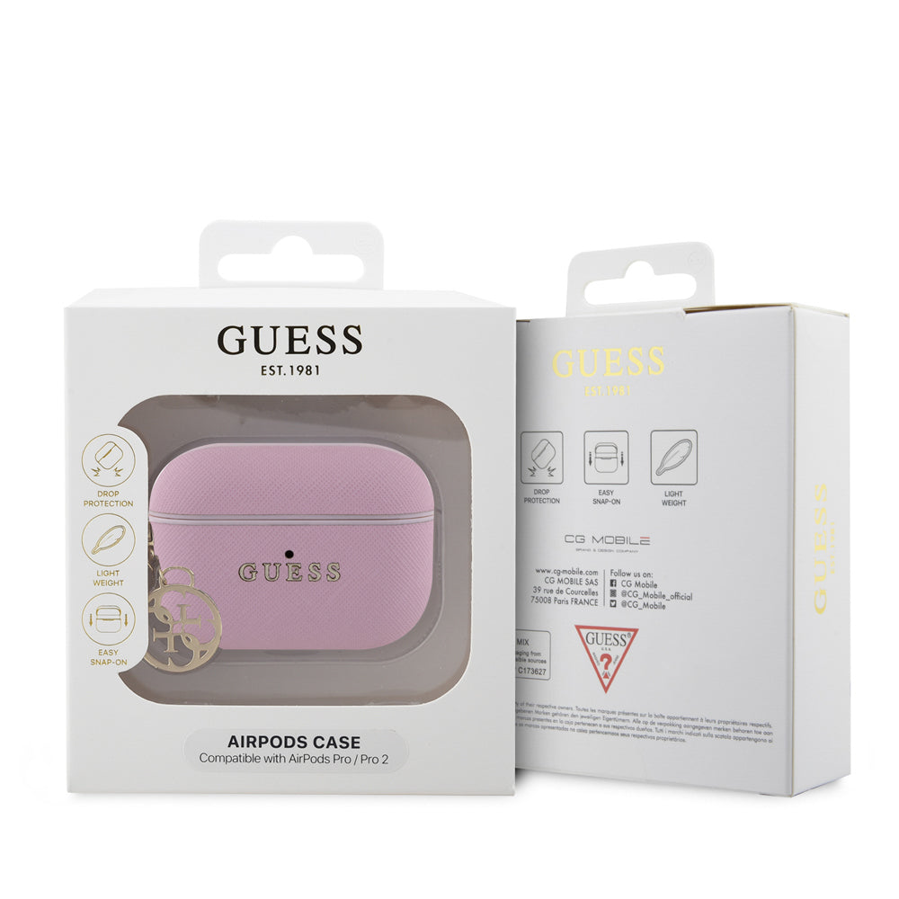 Apple Airpods Pro 2 Kılıf Guess Orjinal Lisanslı Dokulu 4G Yuvarlak Süs Zincirli Saffiano Kılıf Pembe