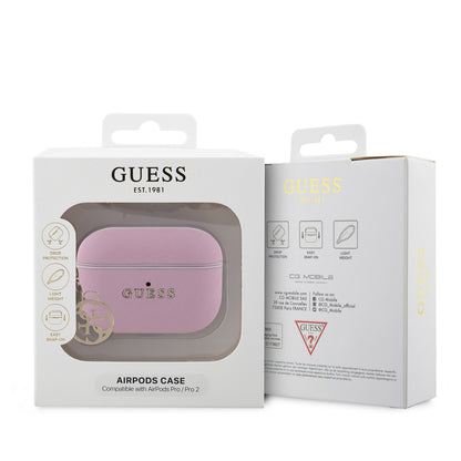 Apple Airpods Pro 2 Kılıf Guess Orjinal Lisanslı Dokulu 4G Yuvarlak Süs Zincirli Saffiano Kılıf Pembe