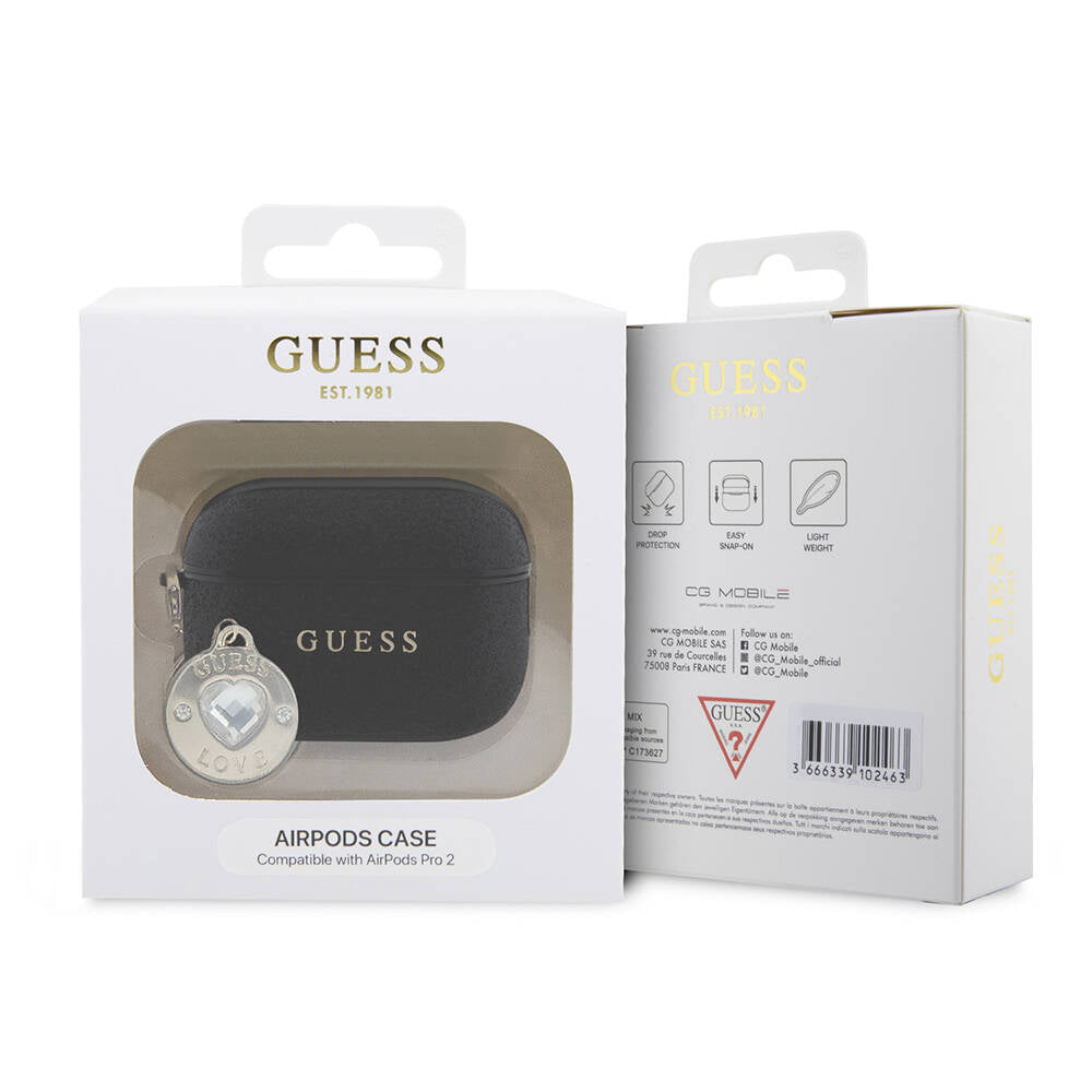Apple Airpods Pro 2 Kılıf Guess Orjinal Lisanslı Glitter Elmas Kalp Süs Zincirli Kapak Siyah
