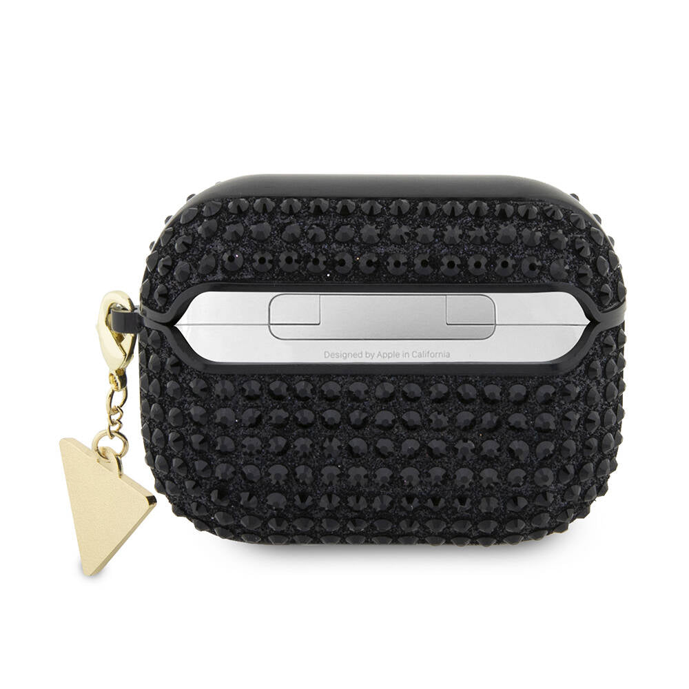 Apple Airpods Pro 2 Kılıf Guess Orjinal Lisanslı Parıltılı Taş Kaplamalı Üçgen Logo Süs Zincirli Kapak Siyah