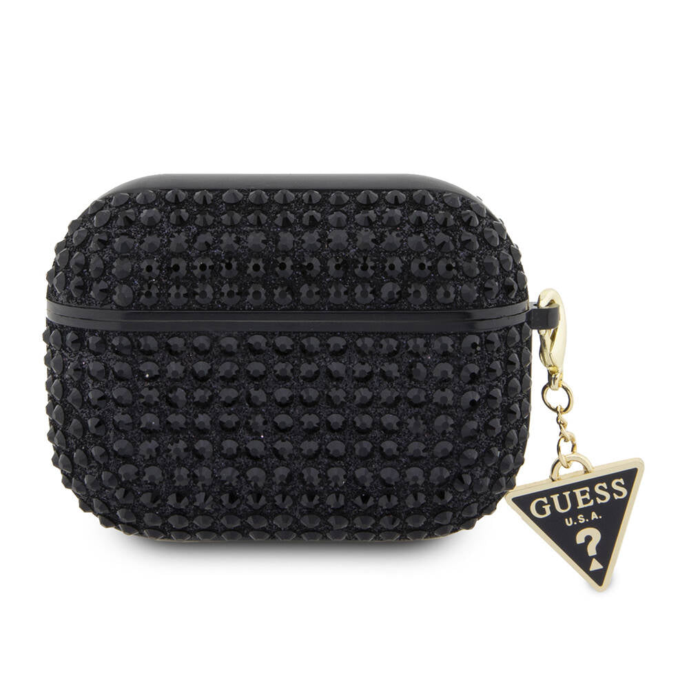 Apple Airpods Pro 2 Kılıf Guess Orjinal Lisanslı Parıltılı Taş Kaplamalı Üçgen Logo Süs Zincirli Kapak Mor