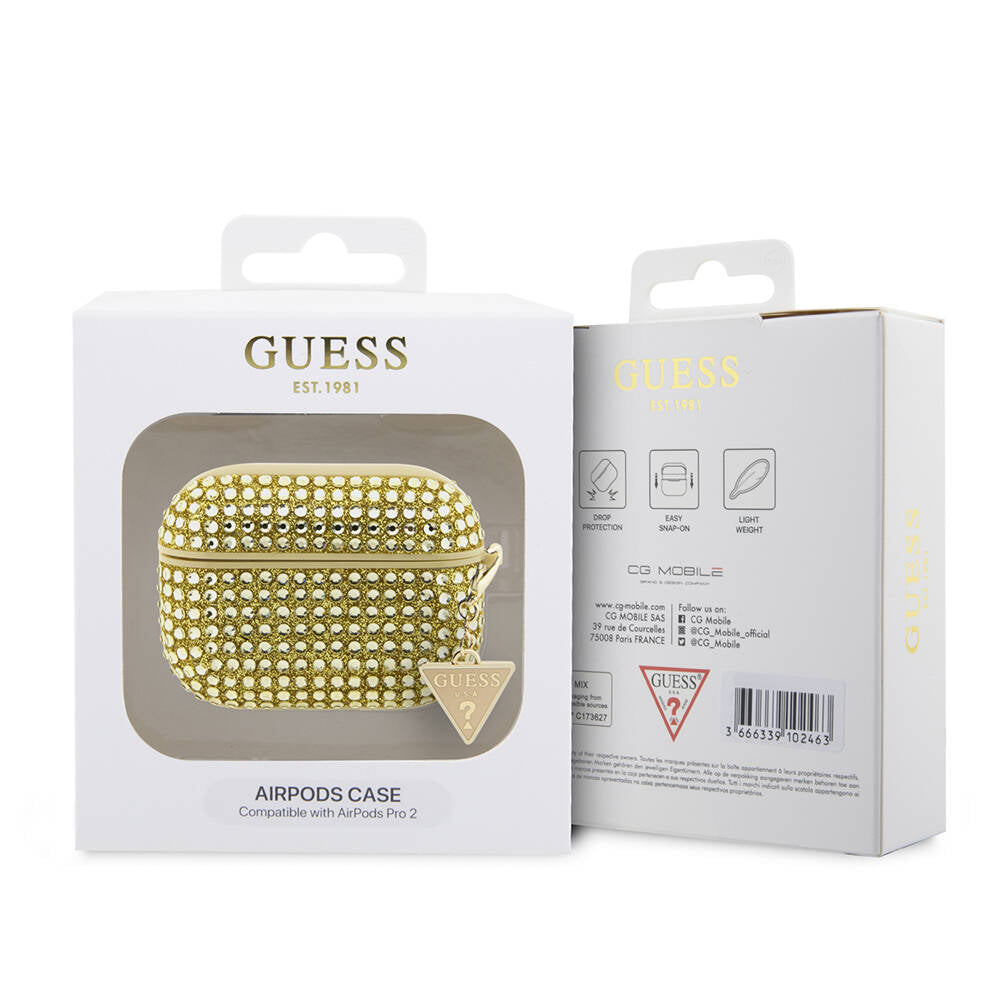 Apple Airpods Pro 2 Kılıf Guess Orjinal Lisanslı Parıltılı Taş Kaplamalı Üçgen Logo Süs Zincirli Kapak Mor