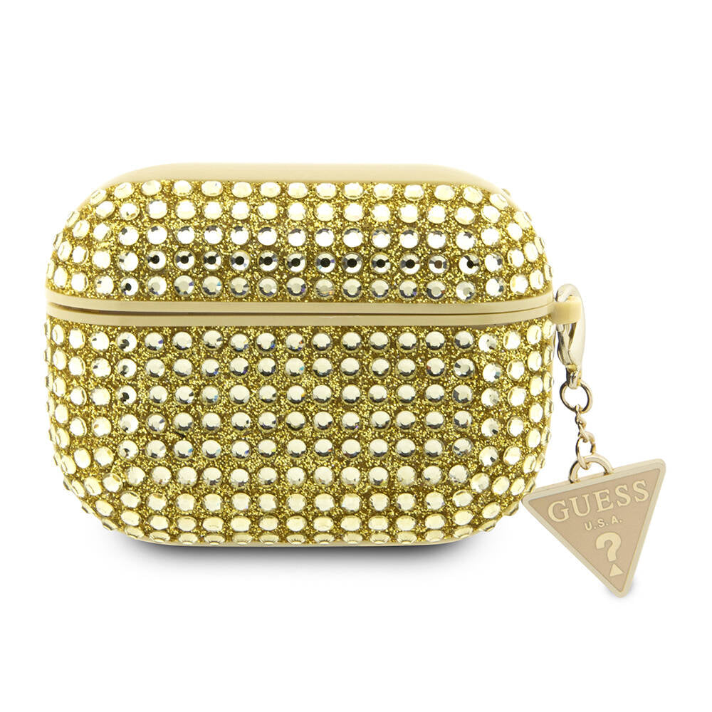 Apple Airpods Pro 2 Kılıf Guess Orjinal Lisanslı Parıltılı Taş Kaplamalı Üçgen Logo Süs Zincirli Kapak Siyah