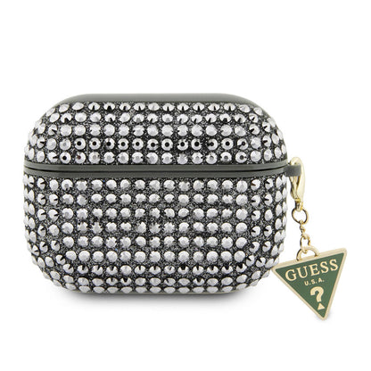 Apple Airpods Pro 2 Kılıf Guess Orjinal Lisanslı Parıltılı Taş Kaplamalı Üçgen Logo Süs Zincirli Kapak Siyah