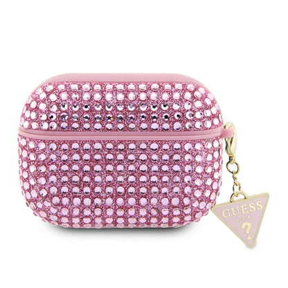 Apple Airpods Pro 2 Kılıf Guess Orjinal Lisanslı Parıltılı Taş Kaplamalı Üçgen Logo Süs Zincirli Kapak Mor