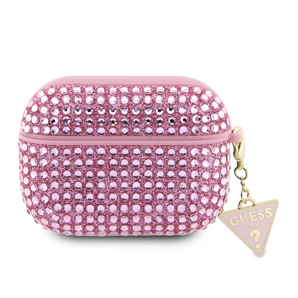 Apple Airpods Pro 2 Kılıf Guess Orjinal Lisanslı Parıltılı Taş Kaplamalı Üçgen Logo Süs Zincirli Kapak Gümüş