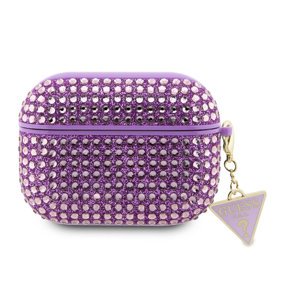 Apple Airpods Pro 2 Kılıf Guess Orjinal Lisanslı Parıltılı Taş Kaplamalı Üçgen Logo Süs Zincirli Kapak Siyah