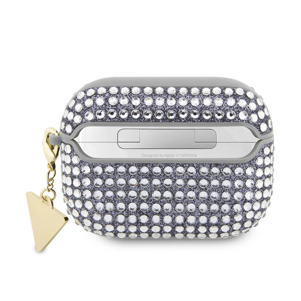 Apple Airpods Pro 2 Kılıf Guess Orjinal Lisanslı Parıltılı Taş Kaplamalı Üçgen Logo Süs Zincirli Kapak Gümüş