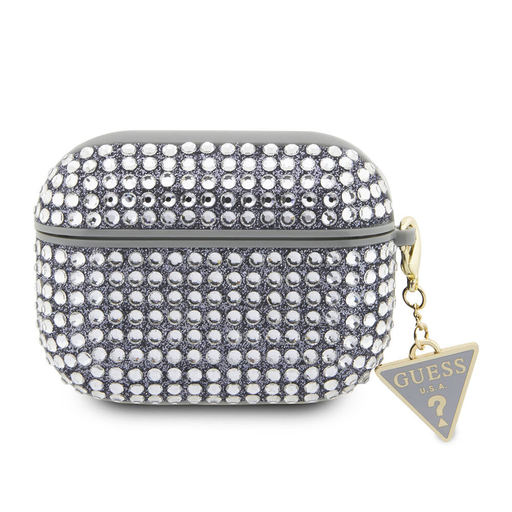 Apple Airpods Pro 2 Kılıf Guess Orjinal Lisanslı Parıltılı Taş Kaplamalı Üçgen Logo Süs Zincirli Kapak Pembe