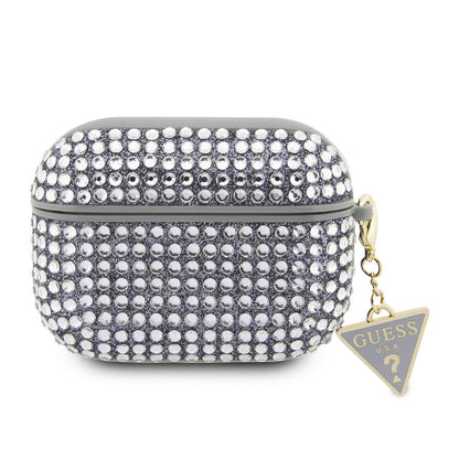 Apple Airpods Pro 2 Kılıf Guess Orjinal Lisanslı Parıltılı Taş Kaplamalı Üçgen Logo Süs Zincirli Kapak Gümüş