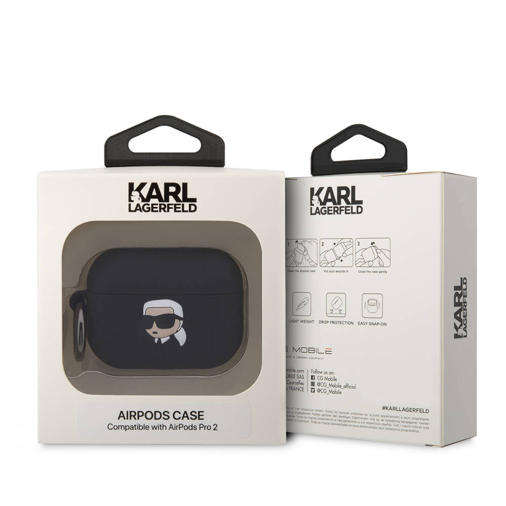 Apple Airpods Pro 2 Kılıf Karl Lagerfeld Orjinal Lisanslı Karl 3D Silikon Kapak Siyah