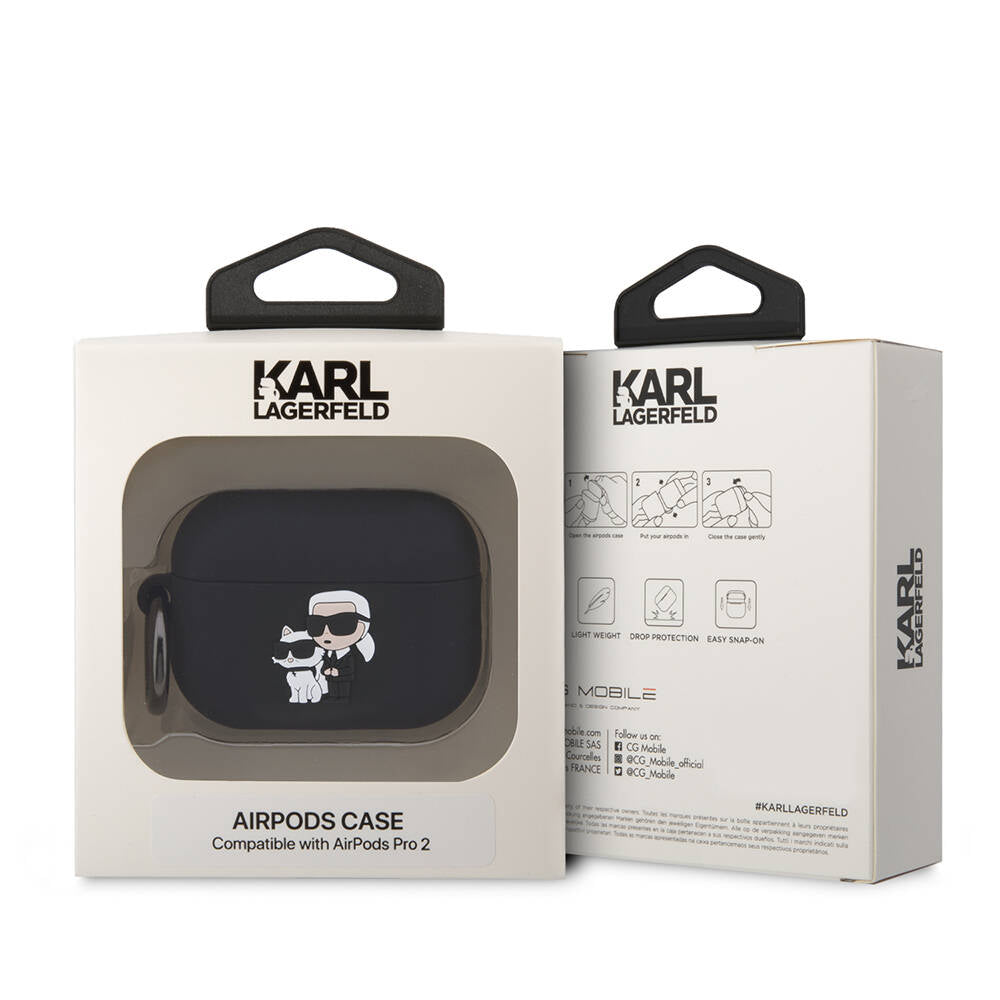 Apple Airpods Pro 2 Kılıf Karl Lagerfeld Orjinal Lisanslı Karl & Choupette 3D Silikon Kapak Siyah