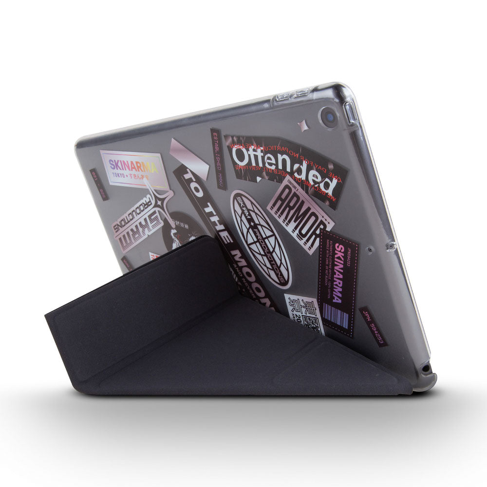Apple iPad 10.2 2021 (9.Nesil) Kılıf SkinArma Sticker Tasarımlı Arkası Şeffaf Standlı Mageru Kılıf Siyah