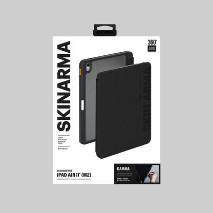 Apple iPad Air 11 2024 Kılıf SkinArma Kabartma Baskı Tasarımlı 360 Tam Koruma Arkası Şeffaf Standlı Gamma Kılıf Siyah