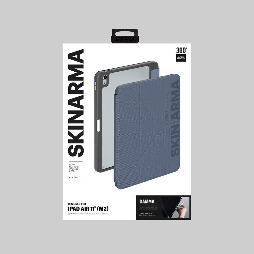 Apple iPad Air 11 2025 M3 Kılıf SkinArma Kabartma Baskı Tasarımlı 360 Tam Koruma Arkası Şeffaf Standlı Gamma Kılıf Mavi Açık