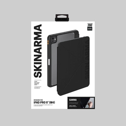 Apple iPad Pro 11 2024 Kılıf SkinArma Kabartma Baskı Tasarımlı 360 Tam Koruma Arkası Şeffaf Standlı Gamma Kılıf Siyah