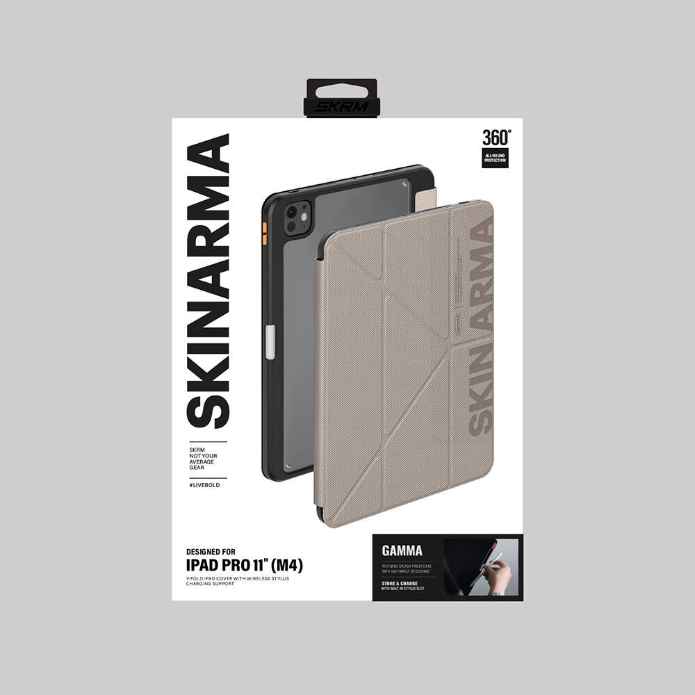 Apple iPad Pro 11 2024 Kılıf SkinArma Kabartma Baskı Tasarımlı 360 Tam Koruma Arkası Şeffaf Standlı Gamma Kılıf Gold