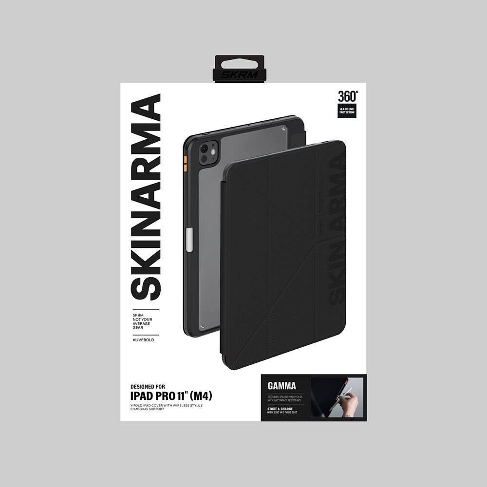 Apple iPad Pro 11 2025 M5 Kılıf SkinArma Kabartma Baskı Tasarımlı 360 Tam Koruma Arkası Şeffaf Standlı Gamma Kılıf Siyah