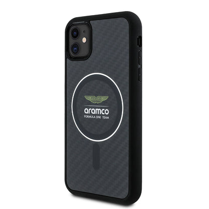 Apple iPhone 11 Kılıf Aston Martin Orjinal Lisanslı M-safe Şarj Özellikli Renkli Halka ve Karbon Fiber Tasarımlı Kapak Siyah-Gümüş