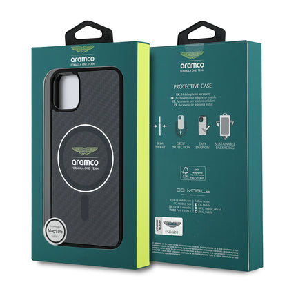 Apple iPhone 11 Kılıf Aston Martin Orjinal Lisanslı M-safe Şarj Özellikli Renkli Halka ve Karbon Fiber Tasarımlı Kapak Siyah-Gümüş