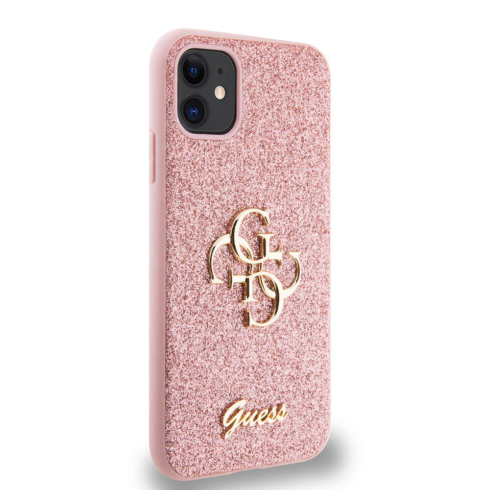 Apple iPhone 11 Kılıf Guess Orjinal Lisanslı 4G Büyük Metal Logolu Glitter Kapak Pembe