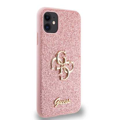 Apple iPhone 11 Kılıf Guess Orjinal Lisanslı 4G Büyük Metal Logolu Glitter Kapak Pembe